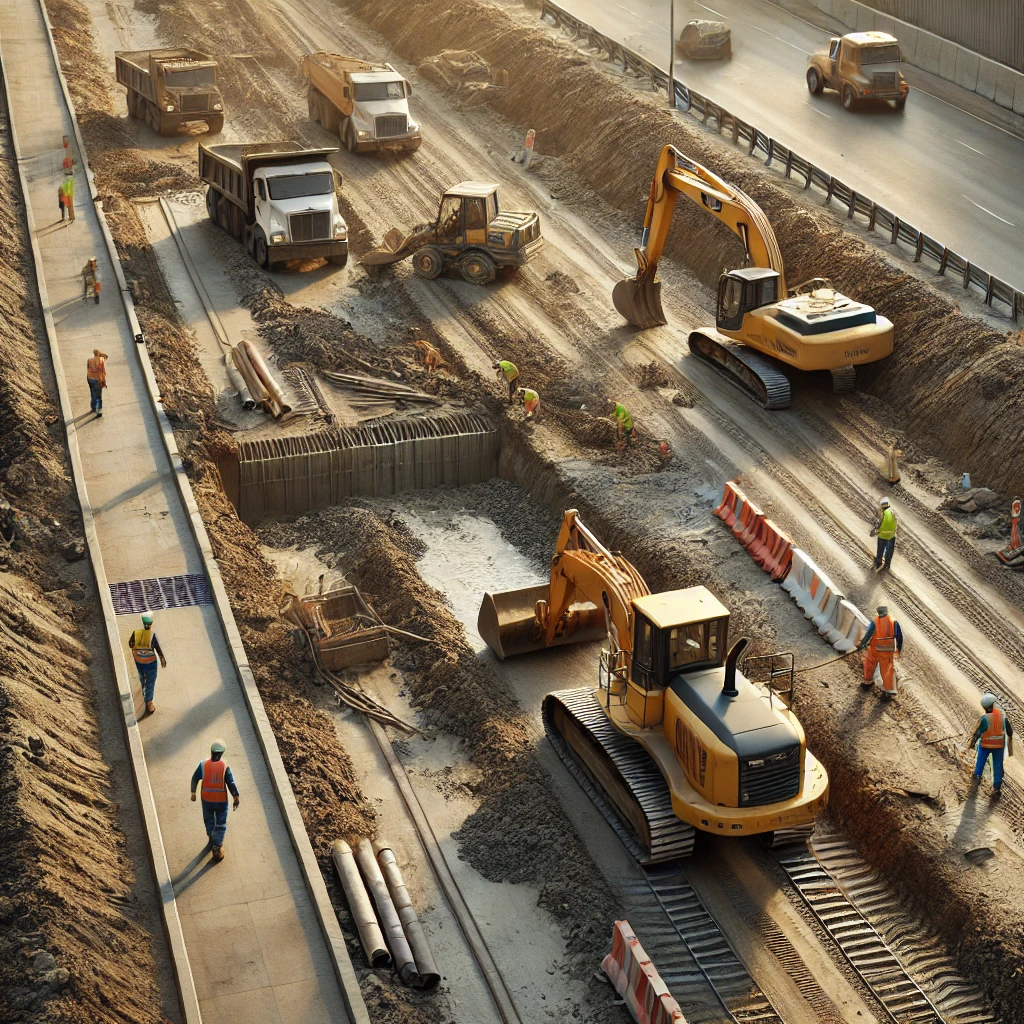 Aerial view of highway road construction with excavators, dump trucks, and workers alongside existing motorway