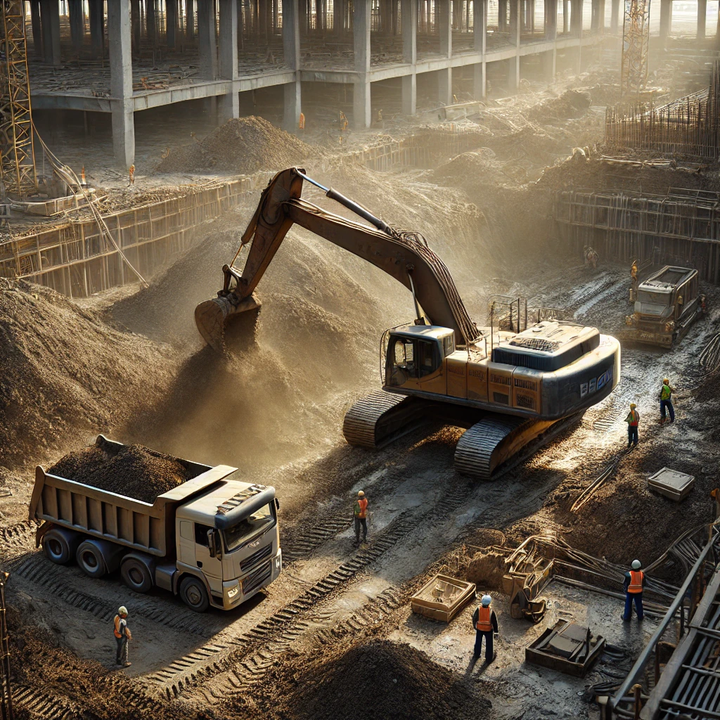 Large excavator loading soil into dump truck on commercial foundation excavation site in Rotorua
