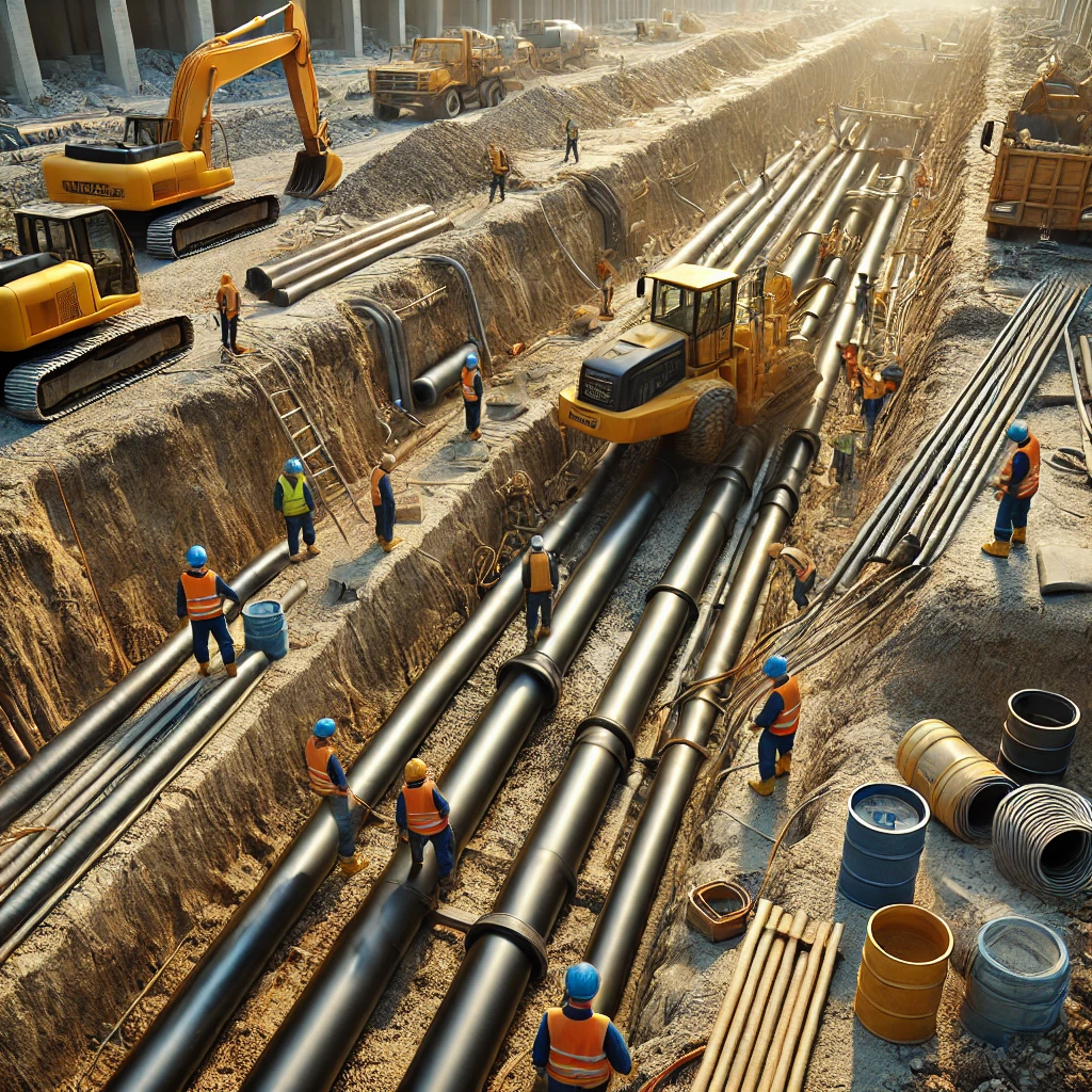 Workers installing large black pipes in deep open trench with excavators and construction equipment nearby