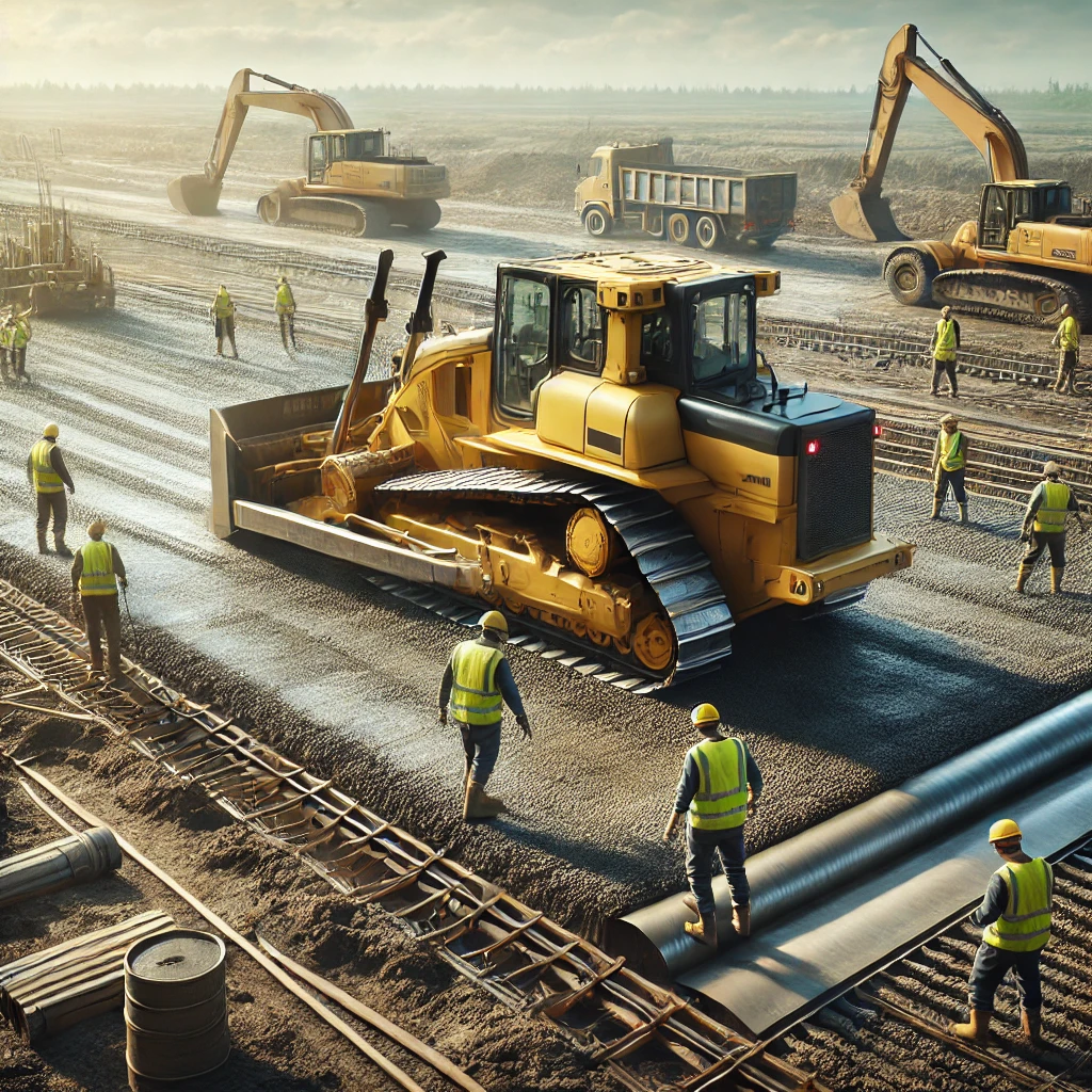 Bulldozer grading flat land with excavators, dump trucks, and workers on large civil earthworks site