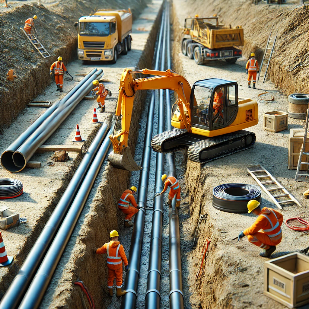 Workers installing large underground pipes in open trenches with excavators at pipeline construction site
