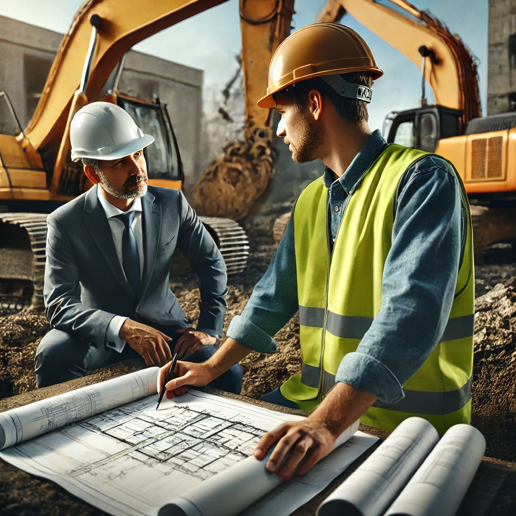 Site manager and earthworks contractor reviewing construction plans on-site with excavator in background
