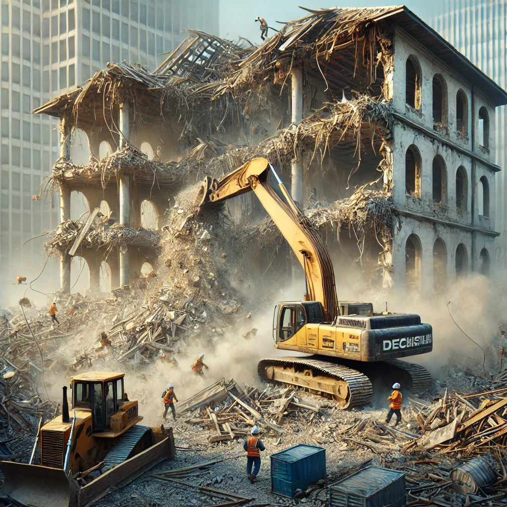High-reach excavator demolishing multi-storey concrete building with bulldozer clearing debris below