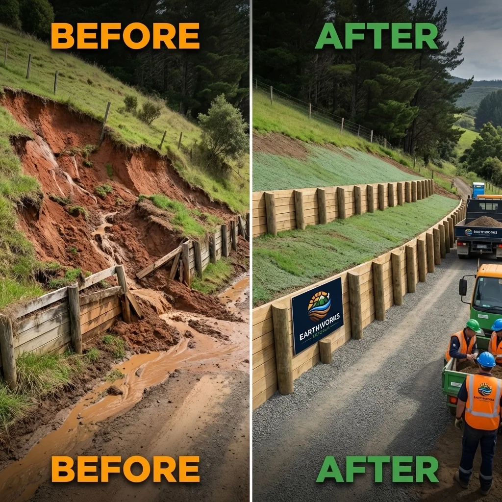 Earthworks Rotorua before and after project comparison showing excavation transformation site number two
