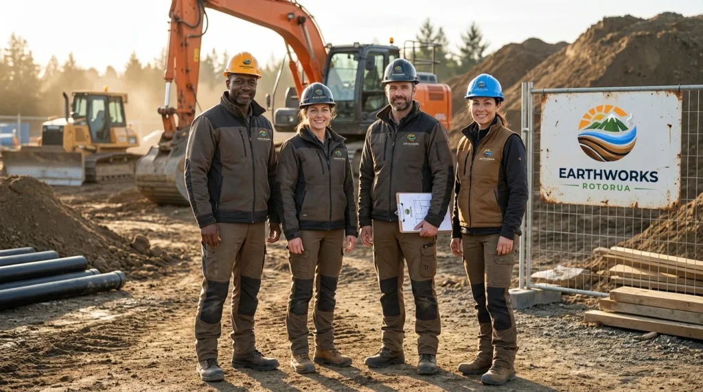 Earthworks Rotorua team photo — experienced civil earthworks crew in Rotorua NZ