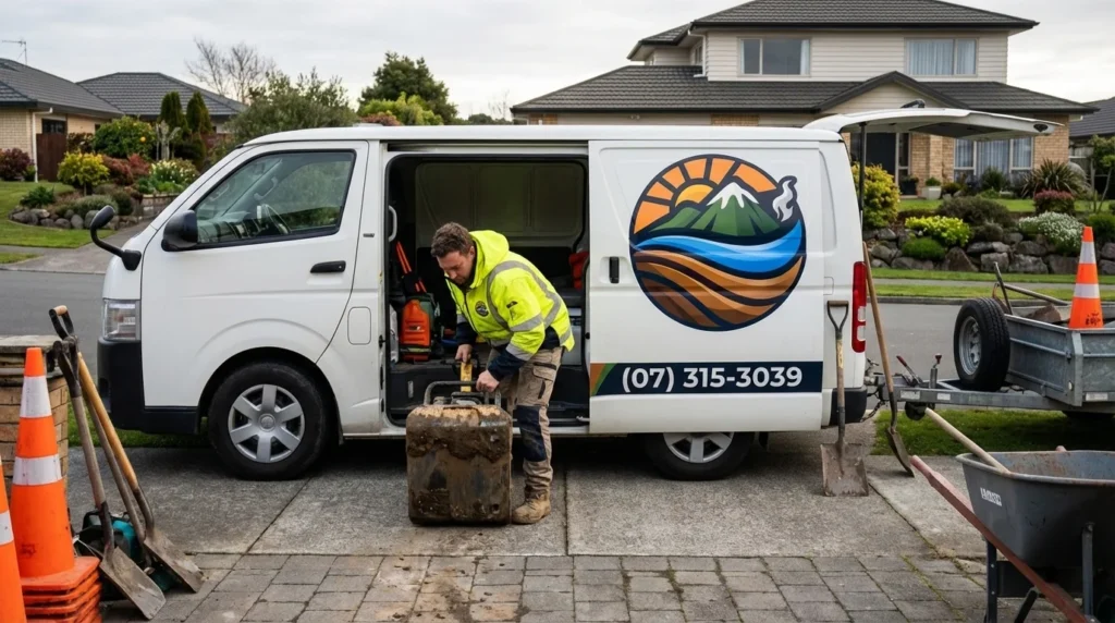 Earthworks Rotorua technician unloading heavy earthworks equipment from vehicle at job site