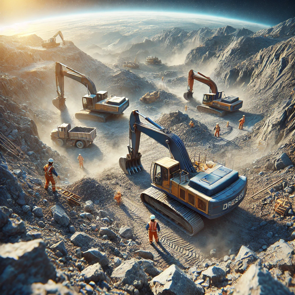 Multiple excavators working in large rocky quarry with dump trucks and workers in mountainous terrain